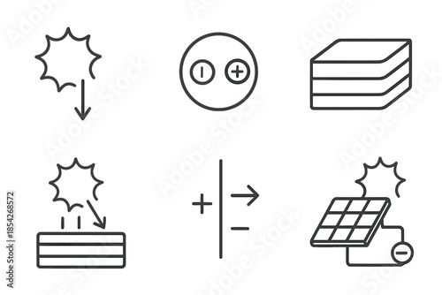 Photovoltaic Effect Icons. Line style icons of Photovoltaic Effect: solar photon arrow, electron-hole pair, silicon layer, light