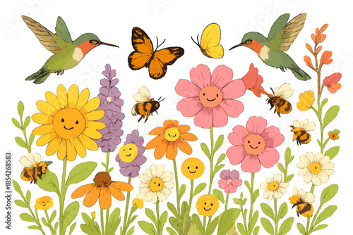 Pollinator Meadow Harmony. Pollinator meadow with bees, butterflies, and hummingbirds working together among smiling blossoms No