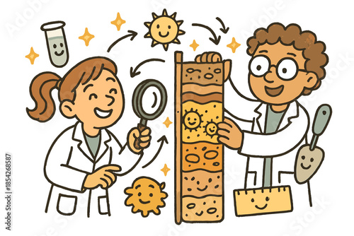 Joyful Sediment Analysis. Playful doodle sediment core analysis with cheerful scientists, cartoon layers of soil and pollen