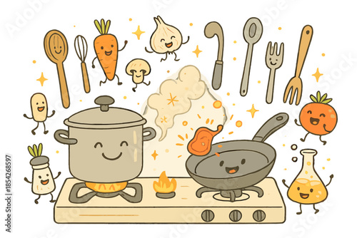 Dancing Kitchen Doodles. Whimsical doodle kitchen lab with smiling pots and pans, cartoon ingredients dancing, tiny sparks