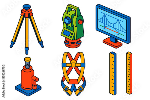 Bridge Engineering Tools. Isometric vector illustration set Bridge Engineering Tools: surveying tripod, total station, CAD monitor