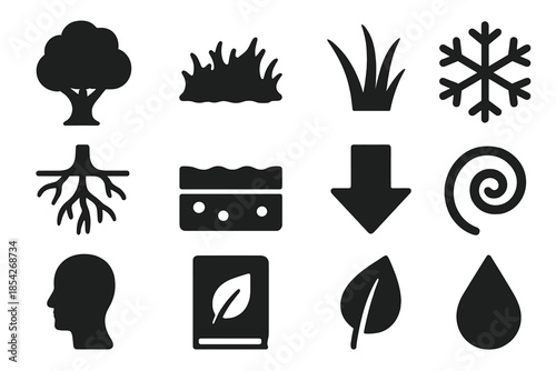 Cold Ecology Icons. Solid style icons of vegetation and cold-region ecology: tree, moss, grass, snowflake, root, soil layer, arrow