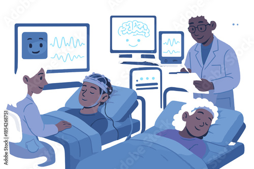 Dream Study Lab. Sleep lab with friendly monitors, glowing brainwaves, and scientists gently studying dreamers No text, No labels,