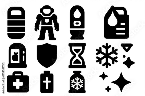 Survival Icons Collection. Solid style icons of Long Journey Survival: Sleeping Bag, Suit, Pod, Water Supply, Food Capsule, Shield