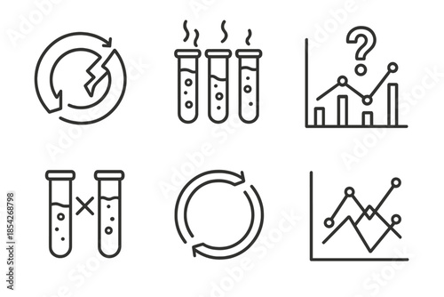Replication Crisis Icons. Line style icons of Replication Crisis: broken data repeat icon, shaky test tubes, question mark over