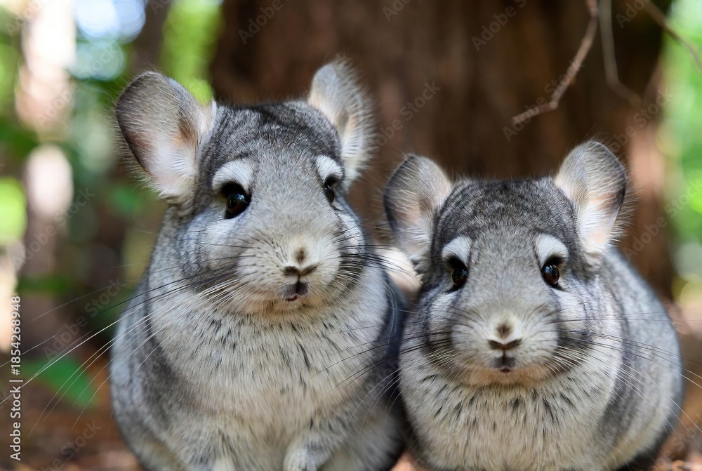 Obraz premium Two adorable chinchillas with soft grey fur posing together in a natural outdoor setting