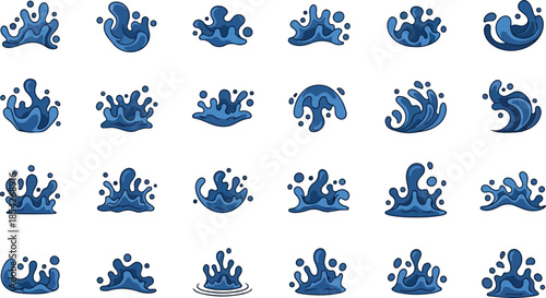 Collection of blue water splash graphics with various shapes and designs for creative use