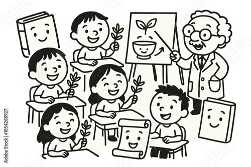 Herbal Medicine Classroom. Cute doodle traditional medicine classroom with smiling students holding herbs, cheerful books and