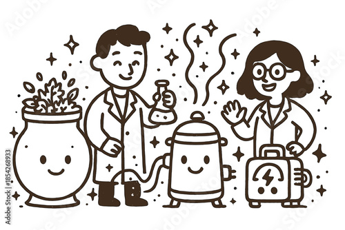 Cheerful Biomass Energy Lab. Magical doodle biomass-to-energy lab with smiling scientists, cartoon reactors with faces, cheerful