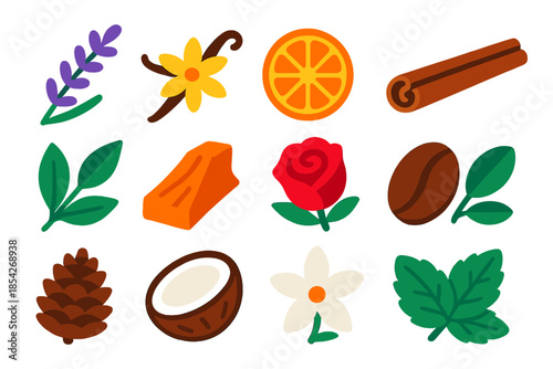Vibrant Candle Scent Icons. Flat vector icons of Candle Scents: lavender sprig, vanilla pod, citrus slice, cinnamon stick,