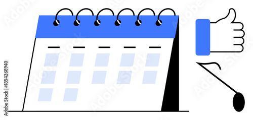 Planning concept. Calendar with spiral binding and thumbs-up symbol emphasizing planning and organization. Planning for schedules, workflow, time management, projects, and productivity
