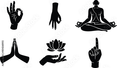 Flat design silhouette icons showing six yoga and meditation hand mudras and seated meditator in simple monochrome set for wellness branding and spiritual calm minimal iconography
