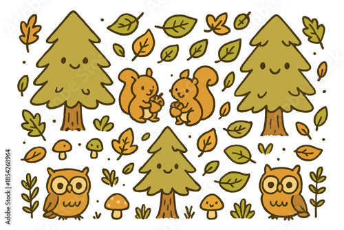 Whimsical Forest Friends. Cute doodle forest with happy trees, tiny mushrooms with faces, squirrels holding acorns, owls with wide