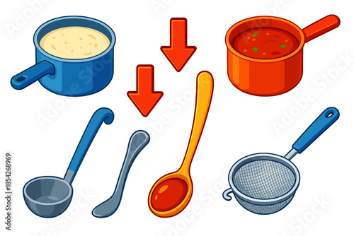 Sauce Making Icons. Isometric vector illustration set Sauce Making: béchamel pot, tomato sauce pan, reduction arrows, ladle tool,