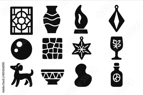 Decorative Glass Art Icons. Solid style icons of decorative glass art: stained glass panel, colorful vase, glass sculpture,