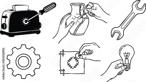 Line art vector icons showing appliance repair and product design hands holding vase light bulb wrench gear blueprint toaster close up hand drawn manual tools sketch