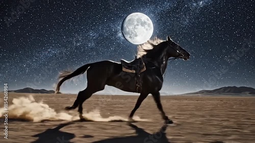 Majestic Black Horse Galloping Under the Moonlight in Desert Landscape.