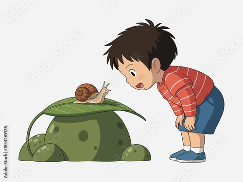 Young Boy Observing Snail on Leaf 1.
