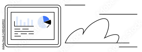 Data analysis, cloud computing, digital connectivity, technology services, online storage, performance monitoring. A tablet with graphs and a cloud. Data analysis and cloud computing concept