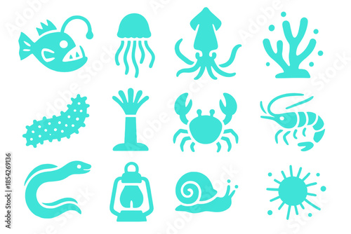 Deep Sea Icons. Solid style icons of Deep sea glow: anglerfish, lantern jellyfish, abyssal squid, glowing coral, sea cucumber,