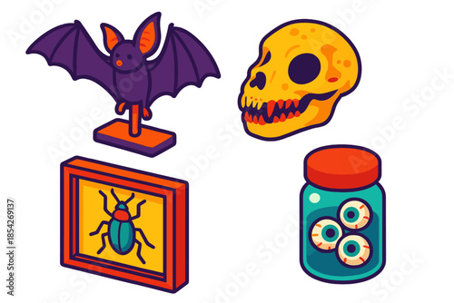 Curiosity Cabinet Icons. Isometric vector illustration set Curiosity Cabinet Collection: Taxidermy bat, fossilized skull, pinned