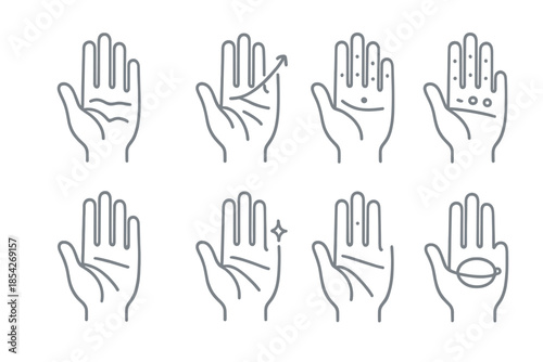 Mystic Palm Reading Icons. Line style icons of Mystic Hand Reading: Palm Lines, Life Line, Mounts, Future Prediction; Heart Line,