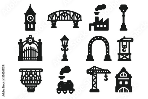 Steampunk Architecture Icons. Solid style icons of Steampunk architecture: clock tower, iron bridge, factory chimney, gear-adorned