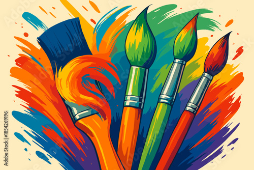 Vibrant Paintbrush Artistry. Artistic close-up of vibrant paintbrushes covered in colorful strokes, dynamic and creative energy,