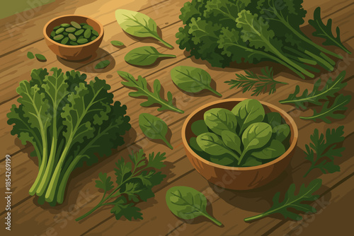 Organic Ingredients Spread. Rustic wooden table filled with fresh green vector illustration ingredients, including kale and