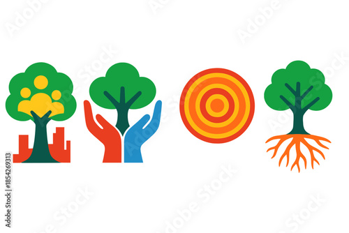 Urban Growth Icons. Flat vector icons of neighborhood growth: family tree merging with skyline, canopy forming hands of unity,
