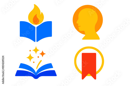 Insight and Harmony Icons. Flat vector icons of insight and harmony: flame merging with open text, nodding silhouette in golden