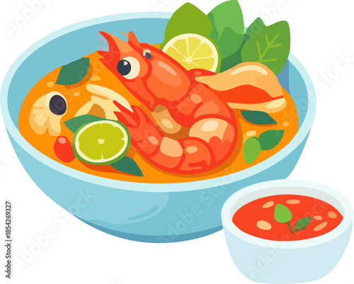 A colorful flat-style illustration of a bowl of Thai shrimp soup with whole prawns, lime slices, herbs, and a small bowl of red dipping sauce 