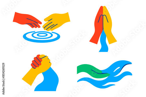 Flowing Collaboration Icons. Flat vector icons of flowing collaboration: two hands meeting like converging streams, fingertips