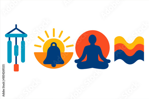 Awakening Balance Icons. Flat vector icons of balance and awakening: wind chimes symbolizing calm balance, sunrise behind bell