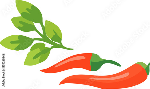 A flat-style illustration of fresh red chili peppers and green basil leaves arranged 