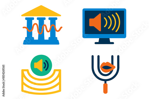 Ritual Sound Icons. Flat vector icons of ritual sound reconstruction: audio waveform flowing through temple, acoustic analyzer