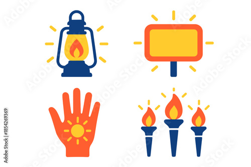 Guiding Light Icons. Flat vector icons of guidance and warmth: lantern representing hope and direction, luminous welcome board,