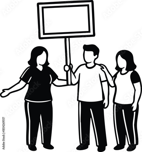 Line art frontal group of three protestors holding blank placard looking at camera full body standing together solidarity simple black and white vector illustration minimalist bold