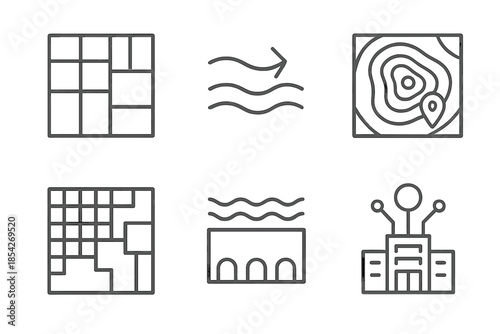 Resilient Urban Icons. Line style icons of resilient urban planning: city layout grid, wind and flood arrows, environmental layer