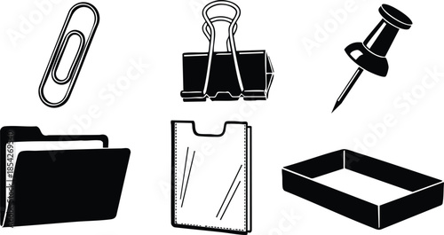 Line art office stationery icon set paper clip binder clip push pin open file folder document sleeve shallow inbox tray black white minimal silhouette clean layout