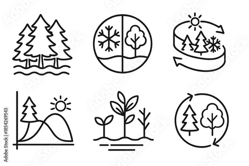 Ecosystems Time Layers. Line style icons of time-altered ecosystems: layered forest silhouettes, seasonal overlap, flowing