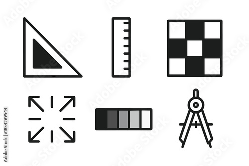 Darkness Geometry Icons. Line style icons of darkness geometry tools: triangular shadow map, luminance ruler, contrast shape grid,