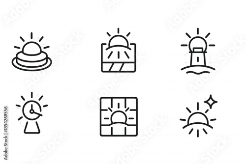 First-Light Activation Icons. Line style icons of first-light activation tools: sunrise trigger button, light-sensitive panel,