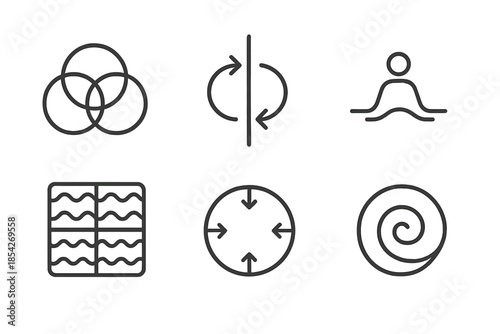 Meditative Motion Icons. Line style icons of meditative motion indicators: flowing circular loops, breath cycle symbol,