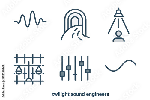 Twilight Sound Icons. Line style icons of twilight sound engineers: equalizer wave shadows, echo chamber curve, soft light