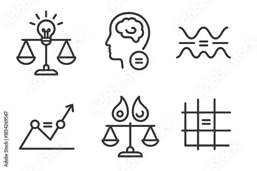 Imaginative Equation Icons. Line style icons of imagination equation balancers: creative scale symbol, abstract mind formula, wave