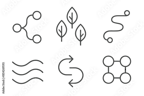 Organic Motion Markers. Line style icons of organic motion markers: curved flow diagram, aligned leaf icons, fluid travel path,