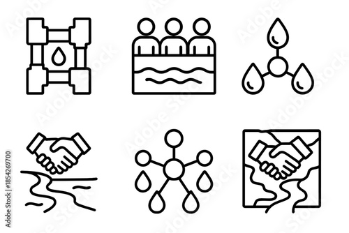 Hydrological Collaboration Icons. Line style icons of hydrological collaboration systems: integrated water grid, teamwork basin