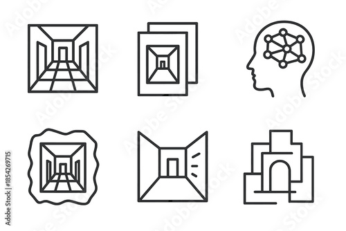 Memory Corridor Blueprints. Line style icons of memory corridor blueprints: hallway layout grid, layered recollection plan, neural