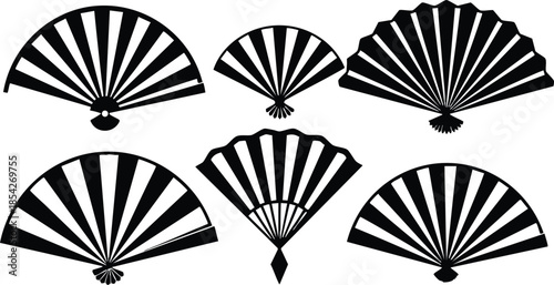 Flat design vector silhouette of six ornamental folding fans arranged in varied shapes and angles with radial stripe pattern minimalist black composition top view close up